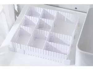 Adjustable white plastic drawer divider grid for efficient home storage organization