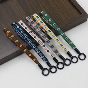 Ethnic Style Woven Polyester Lanyard Keychain Vintage Geometric Floral Pattern Anti-Loss Wrist Strap For Keys Phone Water Bottle Holder Unisex