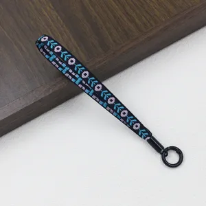 Ethnic style embroidered pink and blue floral wrist lanyard for phones and keys
