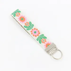 Llavero de cinta tejida floral de 25 mm de ancho con cierre de metal plateado