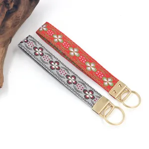 Porte-clés dragonne vintage jacquard ethnique fleuri avec anneaux dorés