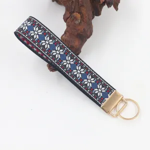 Detailansicht eines gewebten Schlüsselanhängers mit ethnischem Jacquard-Muster und Goldring