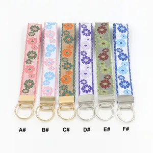 Detailed view of assorted ethnic floral embroidered wristlet keychains with metal rings