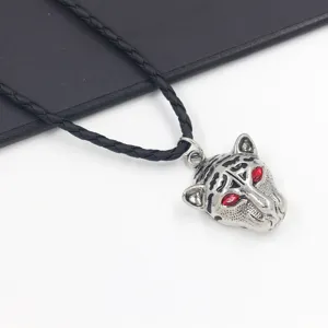 Silver panther head necklace with red eyes on black braided leather rope