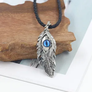 Punk silver feather pendant necklace with blue evil eye and black leather cord