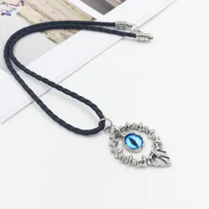Punk style silver flame pendant necklace with blue demon eye and black leather cord