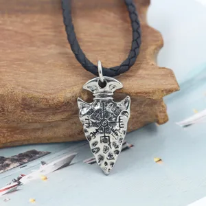 Vintage Viking arrowhead pendant necklace with Vegvisir symbol and black braided cord