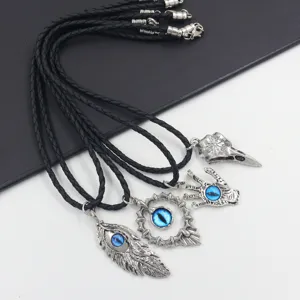Vintage Men Gothic Evil Eye Pendant Necklace Retro Zinc Alloy Viking Crow Skull Feather Flame Braided Leather Rope Chain Necklace Jewelry