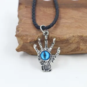 Punk style silver hand pendant necklace with blue evil eye and black leather cord