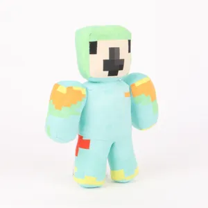 Nahaufnahme eines Minecraft-Stil Pixel-Charakter Plüschtiers aus hellblauem und grünem Stoff