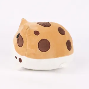 Vue latérale détaillée d'une peluche de grenouille de pluie tachetée marron sur blanc