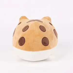 Vue arrière détaillée d'une peluche de grenouille de pluie marron avec des pois