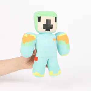 Detailansicht der verpixelten Minecraft-Charakter Plüschfigur in Hellblau und Grün