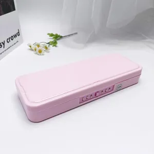 Pink double layer combination lock pencil case detail shot, minimalist student stationery box