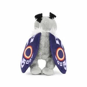 Vue arrière détaillée de la peluche Mothman Cryptid avec des ailes violettes et des motifs