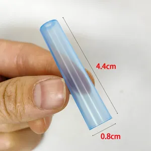 Transparent blue pencil cap extender, 4.4cm length and 0.8cm diameter for daily student use.