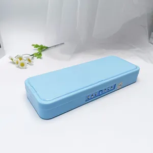 Detailed view of the light blue double-layer pencil box with secure password lock function.