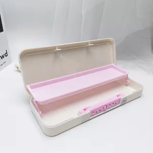 Double-layer pink beige pencil case with combination lock, cute plastic stationery storage box.