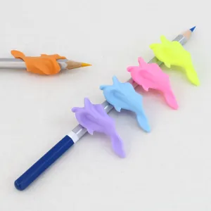 Silicone dolphin pencil grip detail, ergonomic writing posture corrector for kids students.