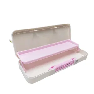 Double layer pink pencil case with combination lock, cute DIY stationery storage box for kids.
