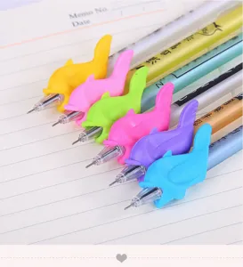 Colorful dolphin pen grip detail shot showing cute cartoon stationery for student writing posture.