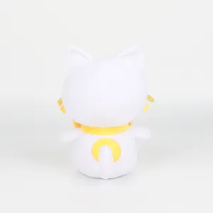 Vue arrière d'une peluche de chat blanc douce avec un nœud papillon jaune décoratif