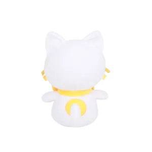 Vue arrière détaillée d'une peluche de chat blanc avec un nœud jaune et un motif lune