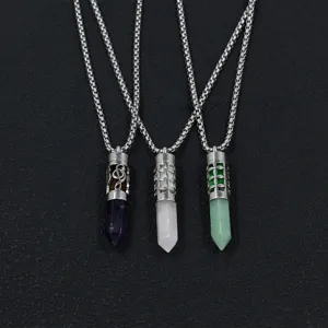 Detail of stainless steel diffuser necklaces with amethyst, rose quartz and aventurine