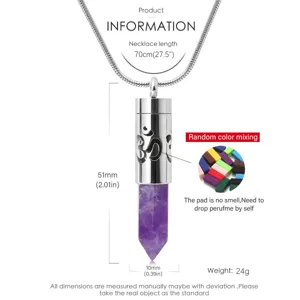 Stainless steel aromatherapy diffuser necklace with purple crystal point and felt pads