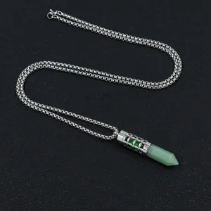 Detail of hexagonal green stone pendant necklace with hollow stainless steel diffuser cap