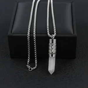Stainless steel hollow aromatherapy diffuser necklace with pink quartz crystal point
