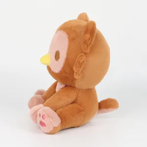 Side view of a cartoon Owlbear plush toy with brown and pink fur on a white background.
