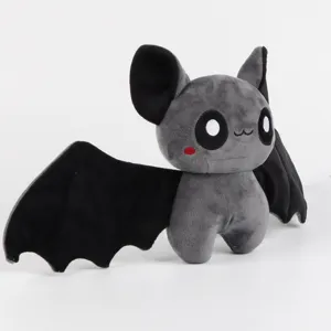 Gedetailleerd overzicht van de zachte grijs-zwarte Halloween vleermuis knuffel met gezicht