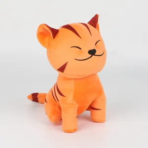 Detailed macro view of a cute orange striped Lofi Cat plush toy with a happy smiling face.