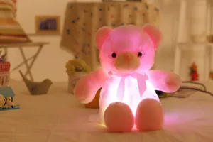 Detail van een zachte roze LED-knuffelbeer met warm lichteffect voor kinderen