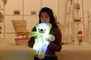 Zachte witte LED-lichtgevende teddybeer vastgehouden door een persoon in de kamer