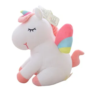 Peluche de unicornio blanco con alas y cuerno de arcoíris, regalo encantador para niños