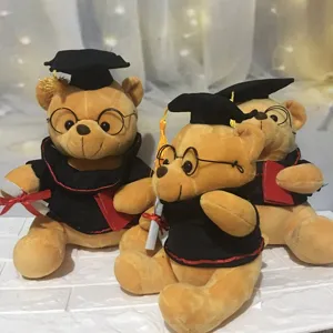 Detailweergave van afstudeer-knuffelberen met academische toga's en zwarte petten