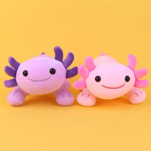 Χαριτωμένα λούτρινα axolotl σε ροζ και μωβ χρώμα με απαλή υφή και κεντητό χαμόγελο