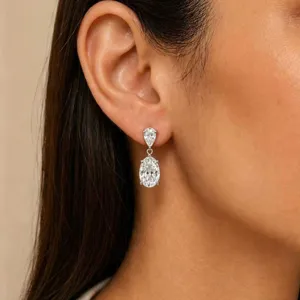 Detailaufnahme eleganter Tropfenohrringe mit Kristallen am Ohr des Models