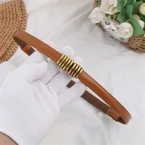 Brown patent leather thin waist belt for women with metal tube decor for dresses and suits.
