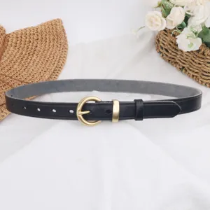 Women black leather thin belt with gold round buckle versatile dress waist accessory