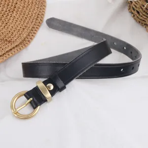 Classic black leather belt for women with elegant round gold metal buckle accessory