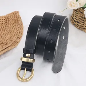 Black genuine cowhide leather belt for women, elegant thin waist belt for dress decoration.