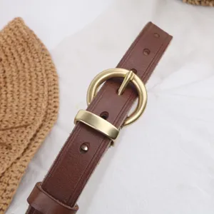 Elegant women genuine leather thin belt retro round metal buckle versatile dress accessory