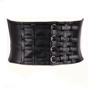 Cinturón de Corsé Ancho para Mujer Cuero PU Banda de Tinta Elástica Retro Cinturón de Vestido Minimalista Negro Accesorios de Moda