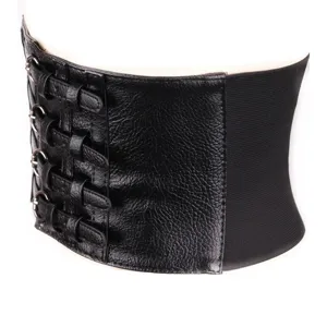 Cinturón corsé ancho negro de mujer de cuero PU elástico con hebilla metálica elegante