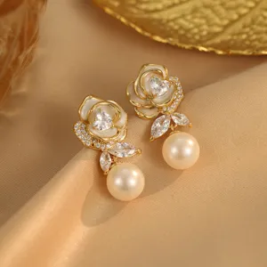 Elegante Messing Emaille Blume Ohrhänger Für Damen Luxus Strass Künstliche Perle Ohrringe Büro Pendeln Mode Schmuck