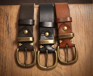 Genuine leather belt for men retro casual metal pin buckle vintage style heavy duty strap