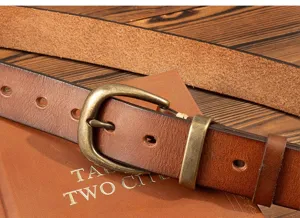 Detailed view of vintage men's genuine leather belt with solid brass pin buckle and thick cowhide.
